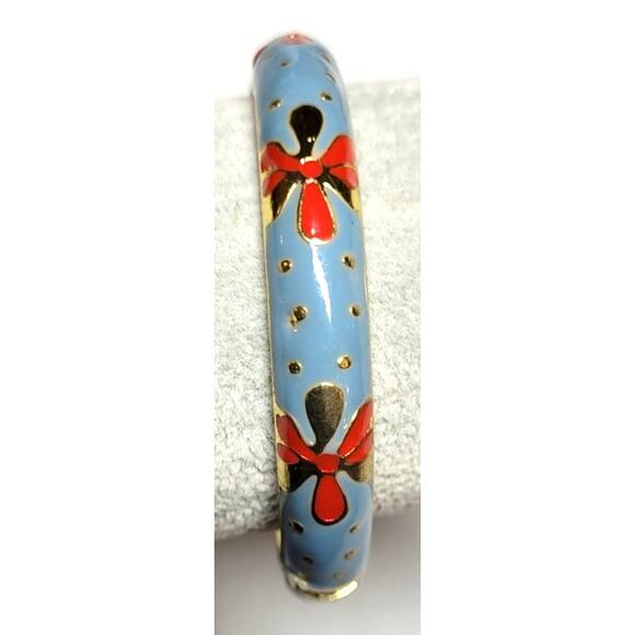 Goldtone Blue Red Flower Enamel Metal Cloisonne Hinged Bangle Bracelet 7" - Picture 2 of 4